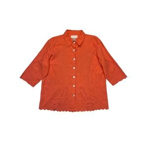 Susan Graver Style Coral Salmon Linen Blend Eyelet Lace Button Front Shirt L